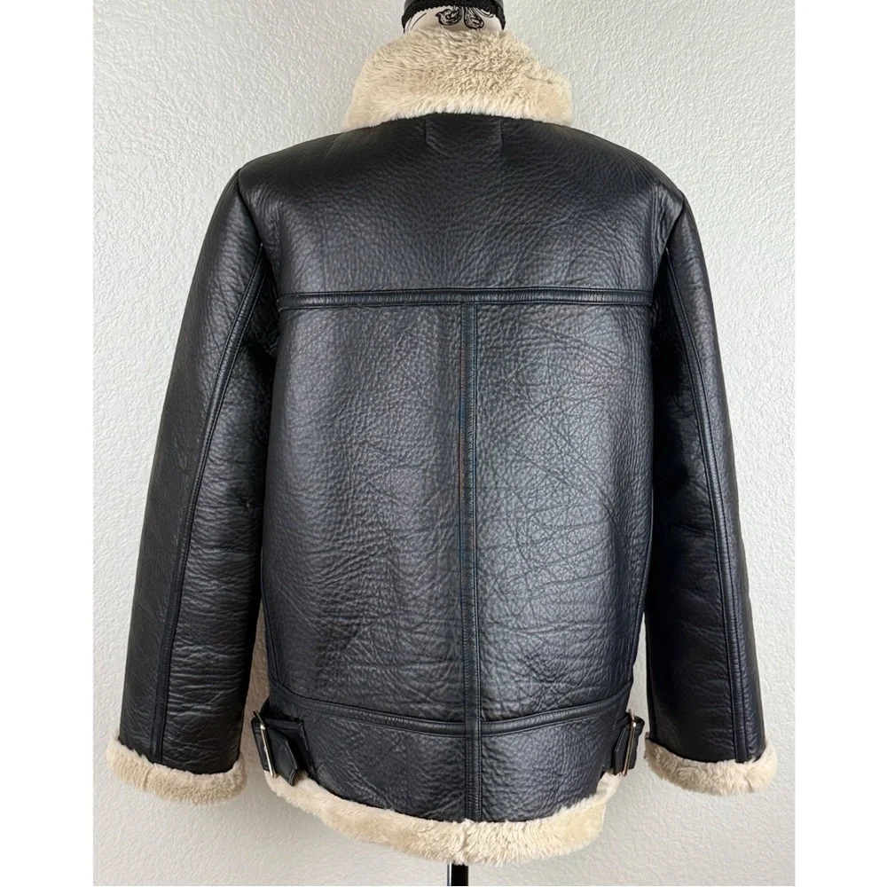 Zara Black Faux Leather Shearling Lined Aviator Jacket - Picture 6 of 12